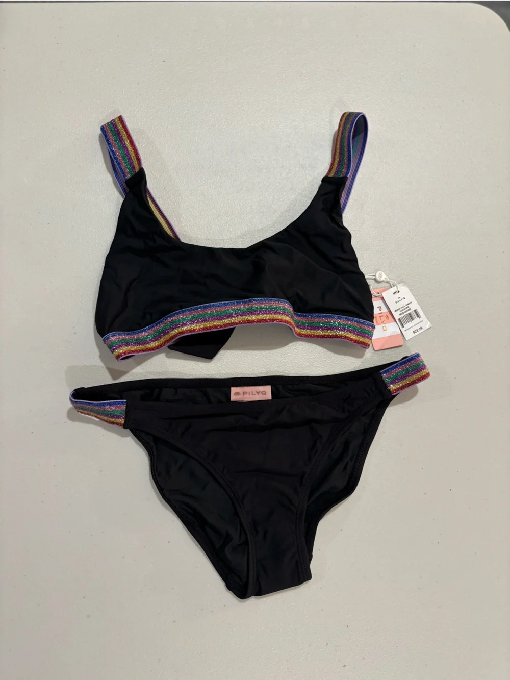 Pilyq Black Girls Two-Piece Swim Set with Rainbow Trim